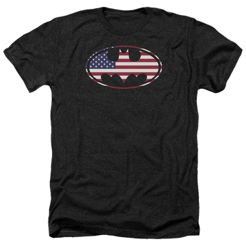 Charcoal men's heather t-shirt with Batman American Flag Oval graphic