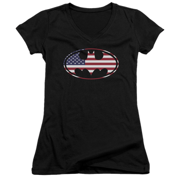 Batman American Flag Oval - Juniors V-Neck T-Shirt Juniors V-Neck T-Shirt Batman