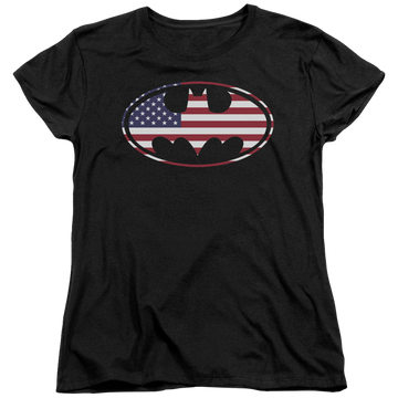 Black women's t-shirt with Batman American Flag Oval graphic