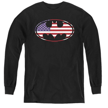 Black youth long sleeve t-shirt with Dc Batman American Flag Oval graphic