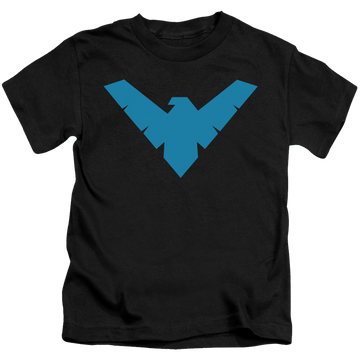 Black kid's t-shirt for ages 4 to 7 with Nightwing Symbol graphic