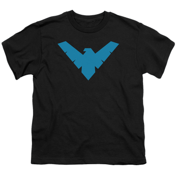 Black youth t-shirt for ages 8 to 12 with Nightwing Symbol graphic