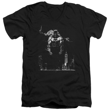 Black men's v-neck t-shirt with Batman Dirty City graphic