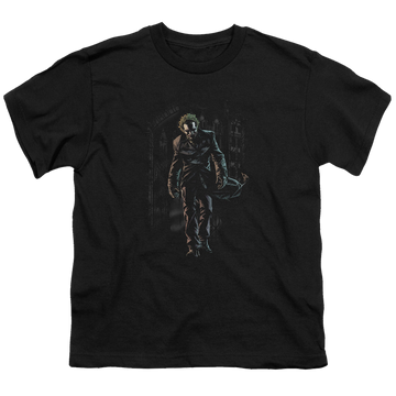Black youth t-shirt for ages 8 to 12 with Joker Leaves Arkham graphic