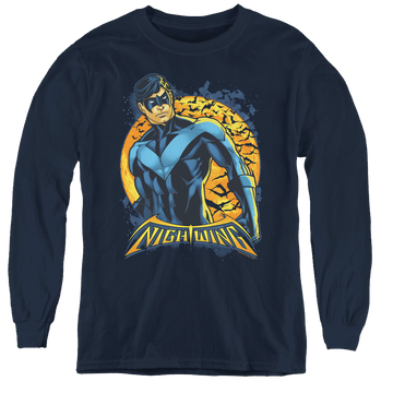 Navy youth long sleeve t-shirt with Nightwing Moon graphic