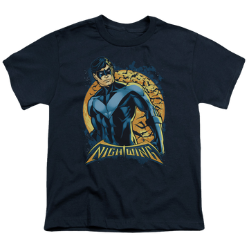Navy youth t-shirt for ages 8 to 12 with Nightwing Moon graphic
