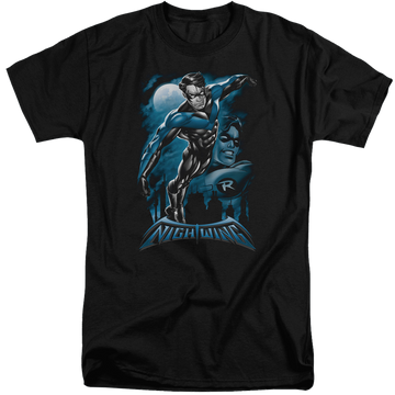 Black men's tall fit t-shirt with Nightwing Batman All Grown Up graphic