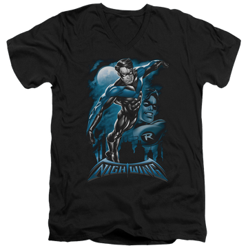 Black men's v-neck t-shirt with Nightwing Batman All Grown Up graphic