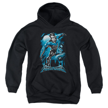 Black youth hoodie for ages 8 to 12 with Nightwing All Grown Up graphic