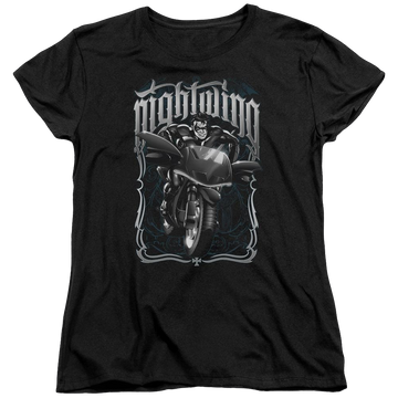 Black women's t-shirt with Batman Nightwing Biker graphic