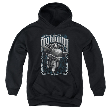 Black youth hoodie for ages 8 to 12 with Nightwing Biker graphic