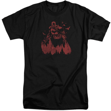 Black men's tall fit t-shirt with Batman Red Knight graphic