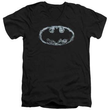 Black men's v-neck t-shirt with Batman Smoke Signal graphic