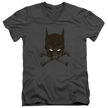 Charcoal men's v-neck t-shirt with Batman Bat And Bones graphic