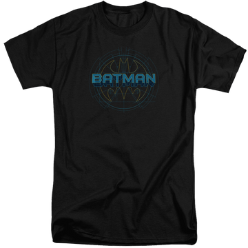 Black men's tall fit t-shirt with Batman Bat Tech Logo graphic