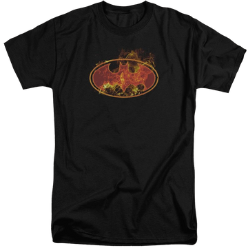 Black men's tall fit t-shirt with Batman Flames Logo graphic