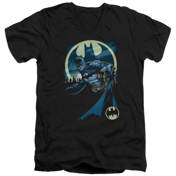 Black men's v-neck t-shirt with Batman Heed The Call graphic