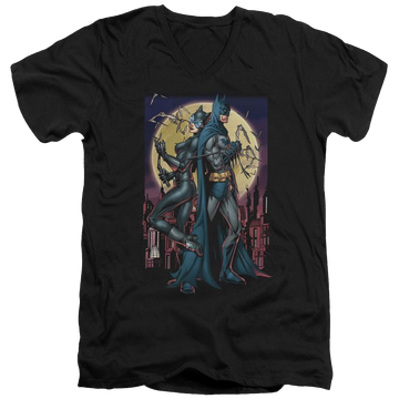 Black men's v-neck t-shirt with Batman Paint The Town Red graphic