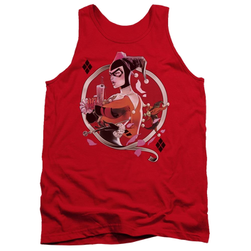 Red men's tank with Harley Quinn Batman Harley Q graphic