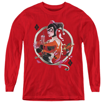 Red youth long sleeve t-shirt with Harley Quinn Harley Q graphic