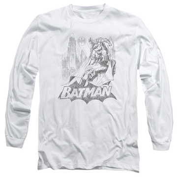 White men's long sleeve t-shirt with Batman Bat Sketch graphic