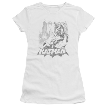 White juniors t-shirt with Batman Bat Sketch graphic