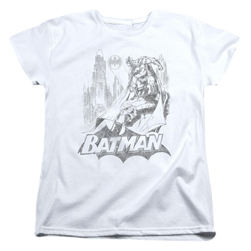 White women's t-shirt with Batman Bat Sketch graphic