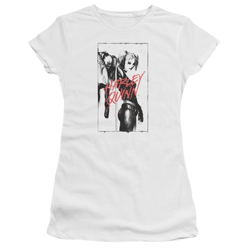 White juniors t-shirt with Batman Inked Quinn graphic