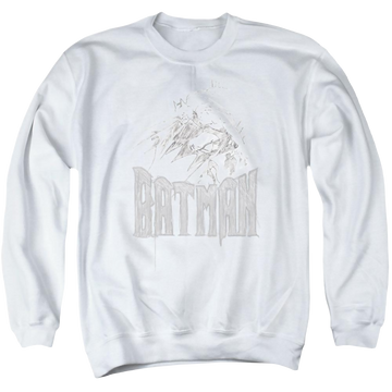 White men's crewneck sweatshirt with Batman Knight Sketch graphic
