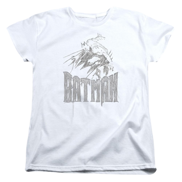 White women's t-shirt with Batman Knight Sketch graphic