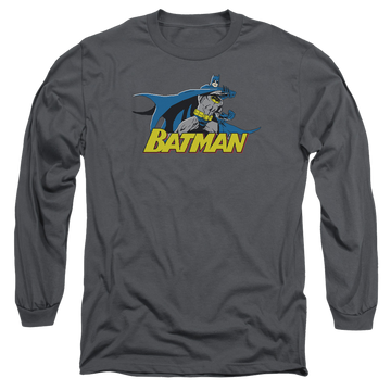 Charcoal men's long sleeve t-shirt with Batman 8 Bit Cape graphic