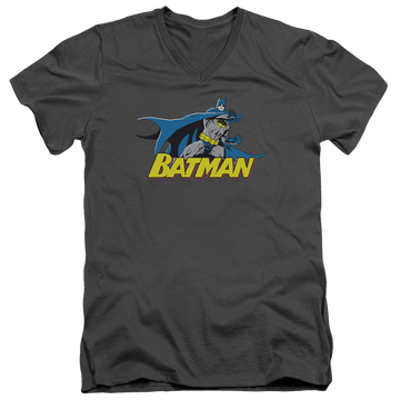 Charcoal men's v-neck t-shirt with Batman 8 Bit Cape graphic