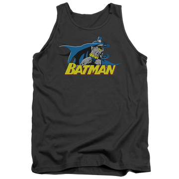 Charcoal men's tank with Batman 8 Bit Cape graphic