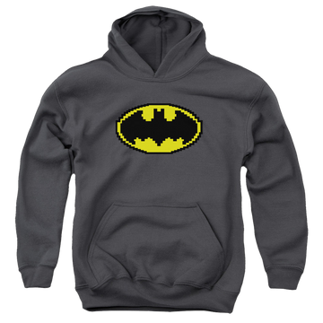 Charcoal youth hoodie for ages 8 to 12 with DC Batman Pixel Symbol graphic