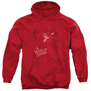 Red pullover hoodie with Harley Quinn Batman Harley's Packing graphic