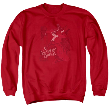 Red men's crewneck sweatshirt with Harley Quinn Batman Harley's Packing graphic