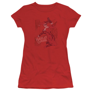 Red juniors t-shirt with Harley Quinn Batman Harleys Packing graphic
