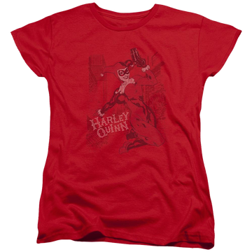 Red women's t-shirt with Harley Quinn Batman Harleys Packing graphic
