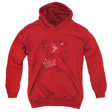 Red youth hoodie for ages 8 to 12 with Harley Quinn Harleys Packing graphic