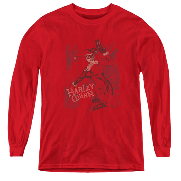 Red youth long sleeve t-shirt with Harley Quinn Harleys Packing graphic