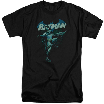 Black men's tall fit t-shirt with Batman Blue Bat graphic