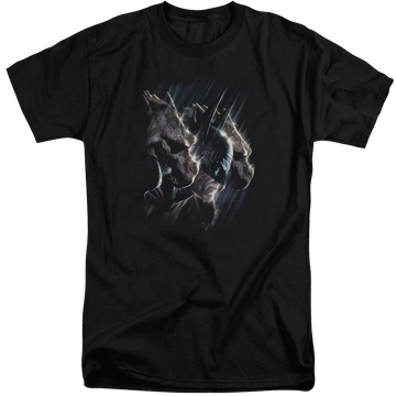 Black men's tall fit t-shirt with Batman Gargoyles graphic