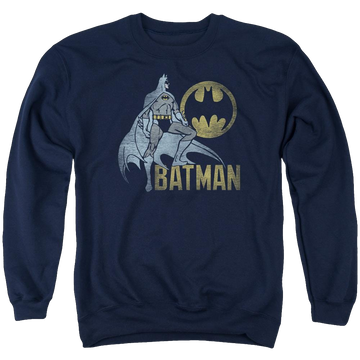 Navy men's crewneck sweatshirt with Batman Knight Watch graphic