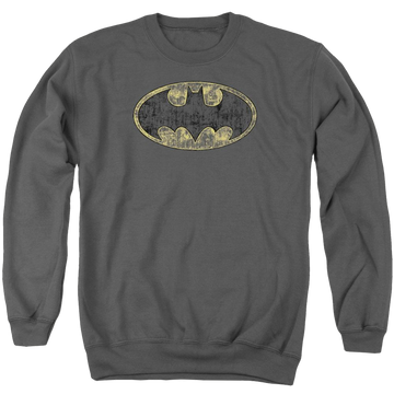 Charcoal men's crewneck sweatshirt with Batman Tattered Logo graphic