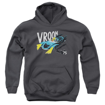 Charcoal youth hoodie for ages 8 to 12 with DC Batman Vroom graphic