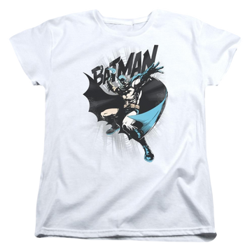 White women's t-shirt with Batman Batarang Throw graphic