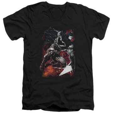 Black men's v-neck t-shirt with Batman Sparks Leap graphic