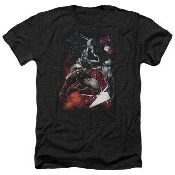 Charcoal men's heather t-shirt with Batman Sparks Leap graphic