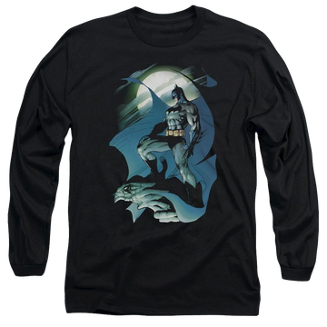 Black men's long sleeve t-shirt with Batman Glow Of The Moon graphic
