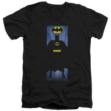 Black men's v-neck t-shirt with Batman Block graphic